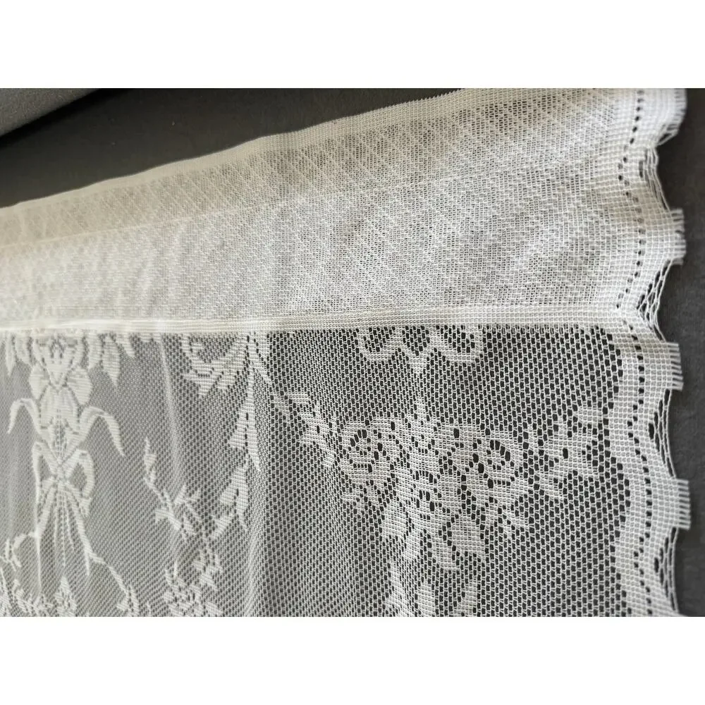 Vintage Lace Curtain Panels Ruffle Trim Floral Cottagecore Shabby Chic 36x29 Set